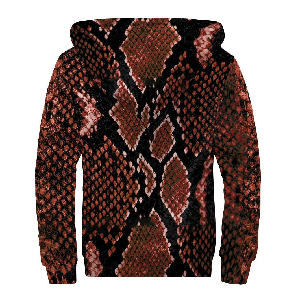 Groovy Brick Red Python Snakeskin Print Sherpa Lined Zip Up Hoodie for the Free-Spirited Hippie - 2