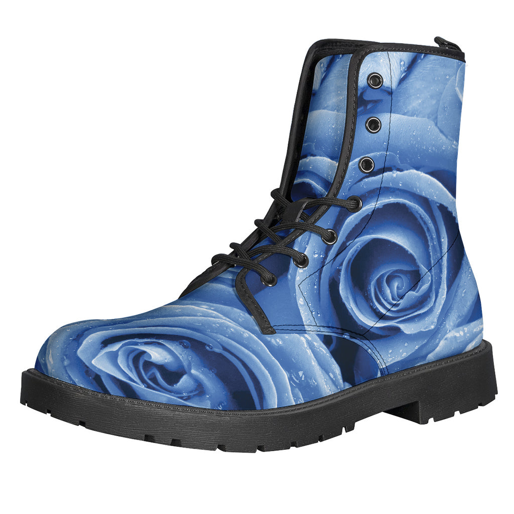 Groovy Vibes: Bright Blue Rose Print Lightweight Leather Boots for Hippie Souls - 1