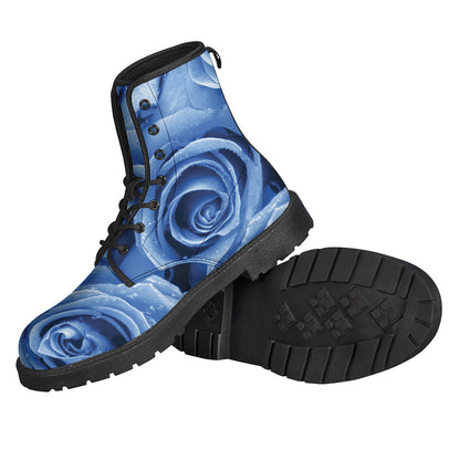 Groovy Vibes: Bright Blue Rose Print Lightweight Leather Boots for Hippie Souls - 2