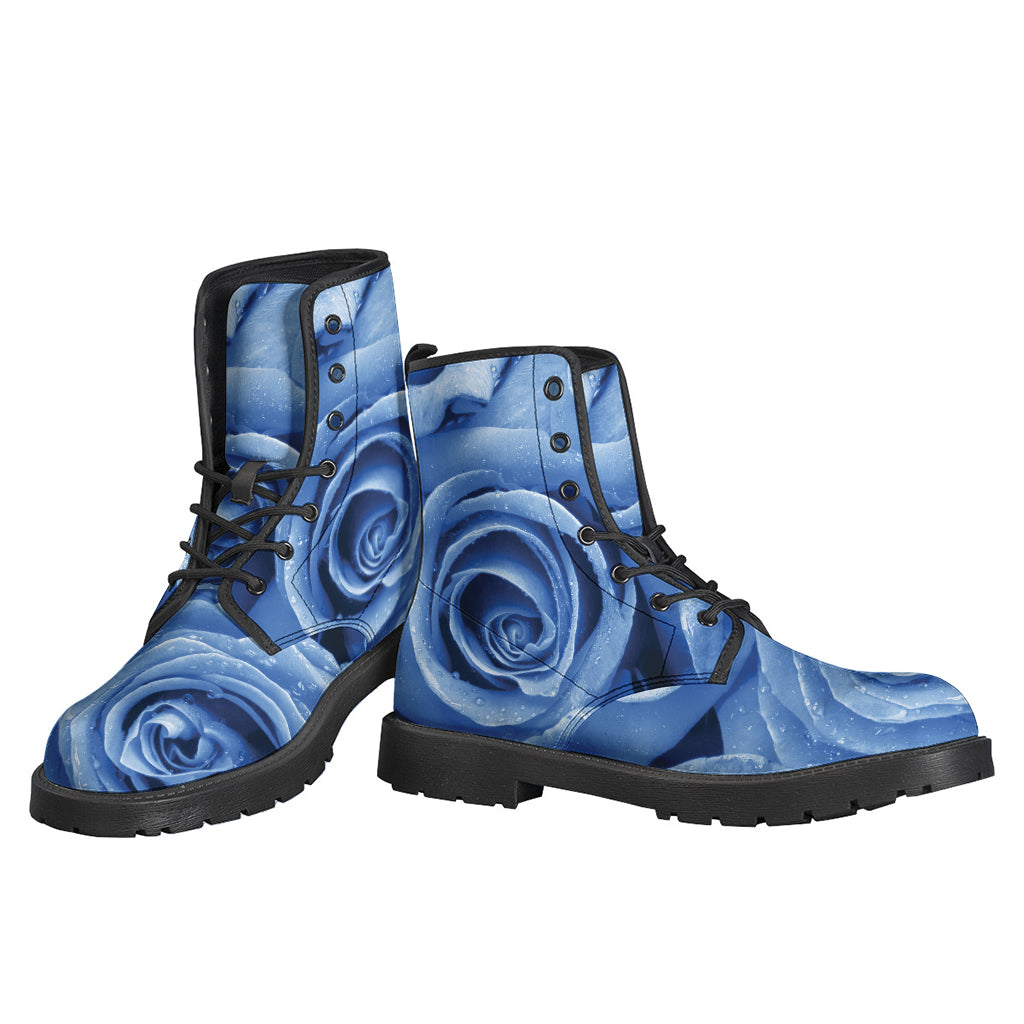 Groovy Vibes: Bright Blue Rose Print Lightweight Leather Boots for Hippie Souls - 3