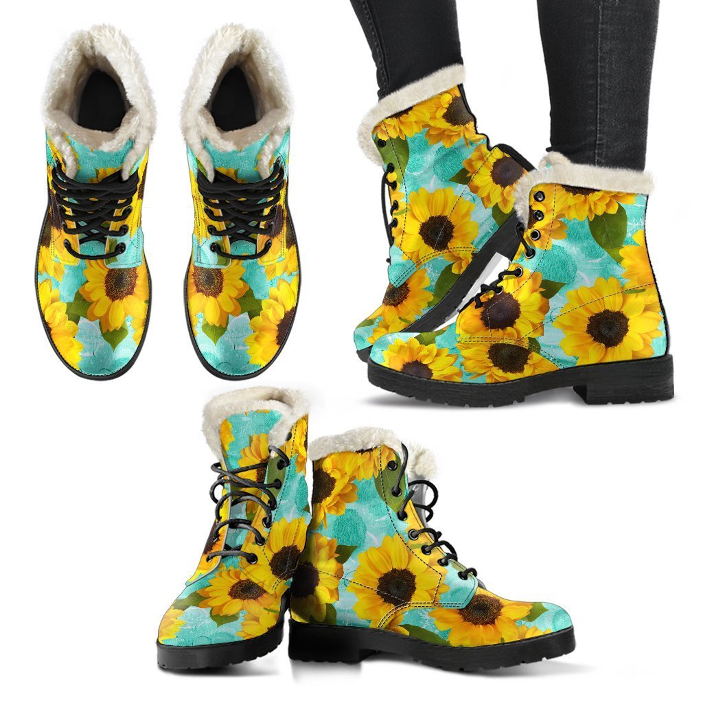 Boho Bliss: Bright Sunflower Faux Fur Leather Boots for Hippie Chic Style - 2