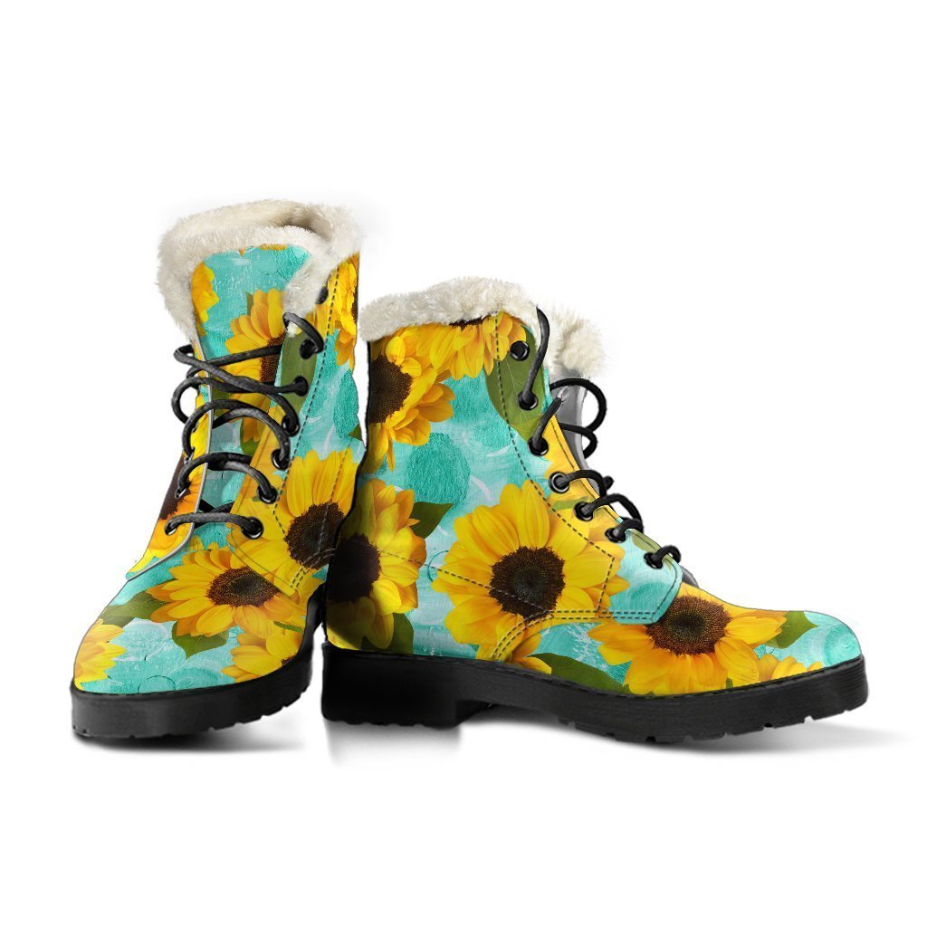 Boho Bliss: Bright Sunflower Faux Fur Leather Boots for Hippie Chic Style - 3