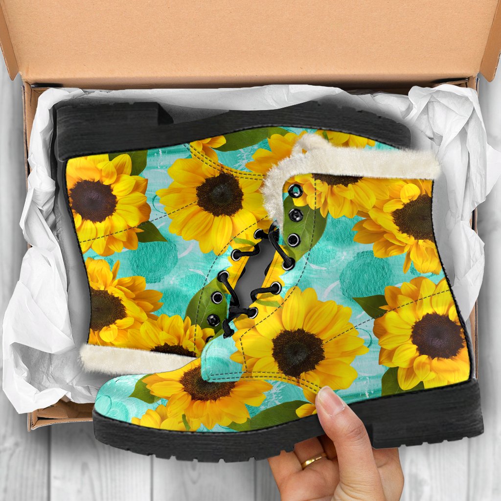 Boho Bliss: Bright Sunflower Faux Fur Leather Boots for Hippie Chic Style - 5