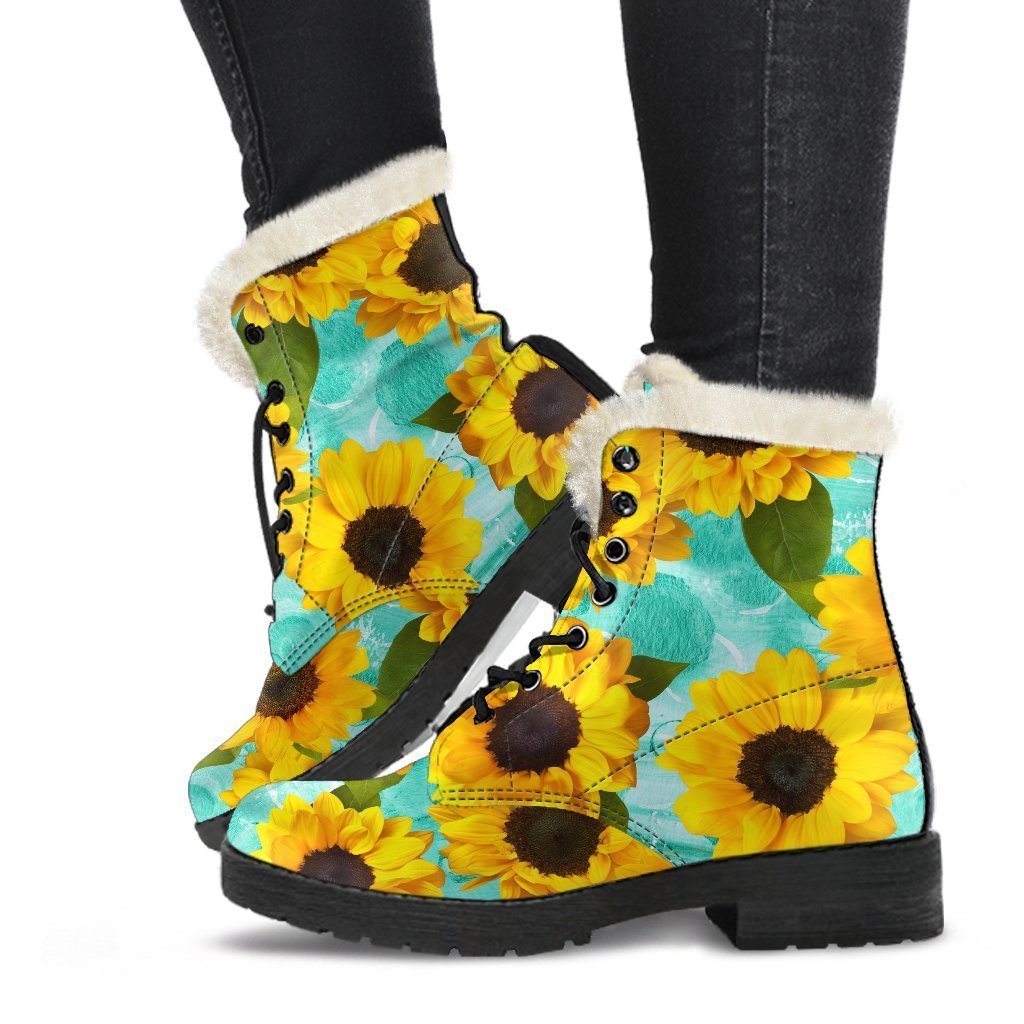 Boho Bliss: Bright Sunflower Faux Fur Leather Boots for Hippie Chic Style - 1