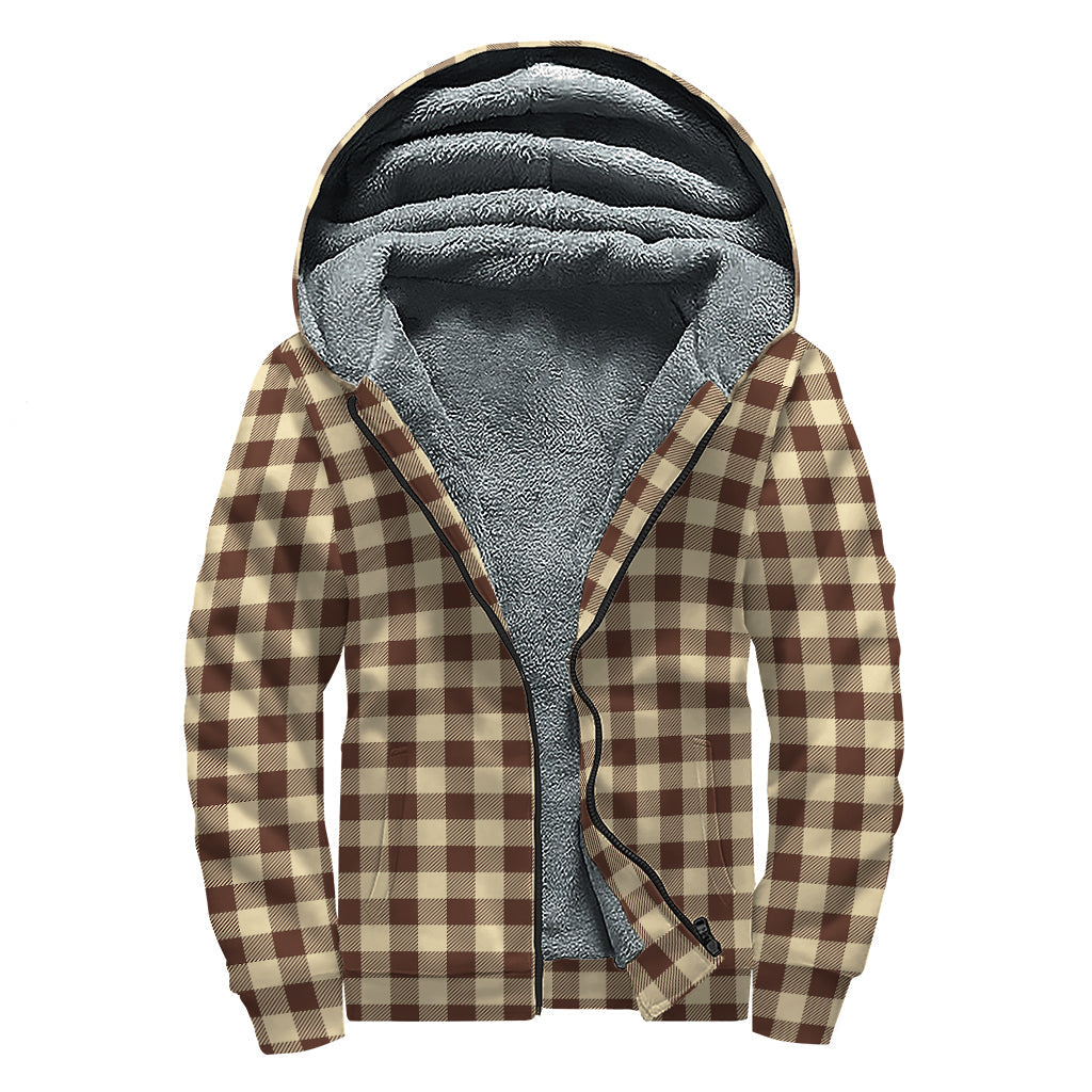 Groovy Threads: Brown and Beige Buffalo Check Print Sherpa Lined Zip Up Hoodie for the Free Spirited Hippie - 1