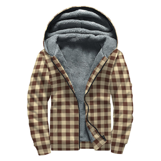 Groovy Threads: Brown and Beige Buffalo Check Print Sherpa Lined Zip Up Hoodie for the Free Spirited Hippie - 1