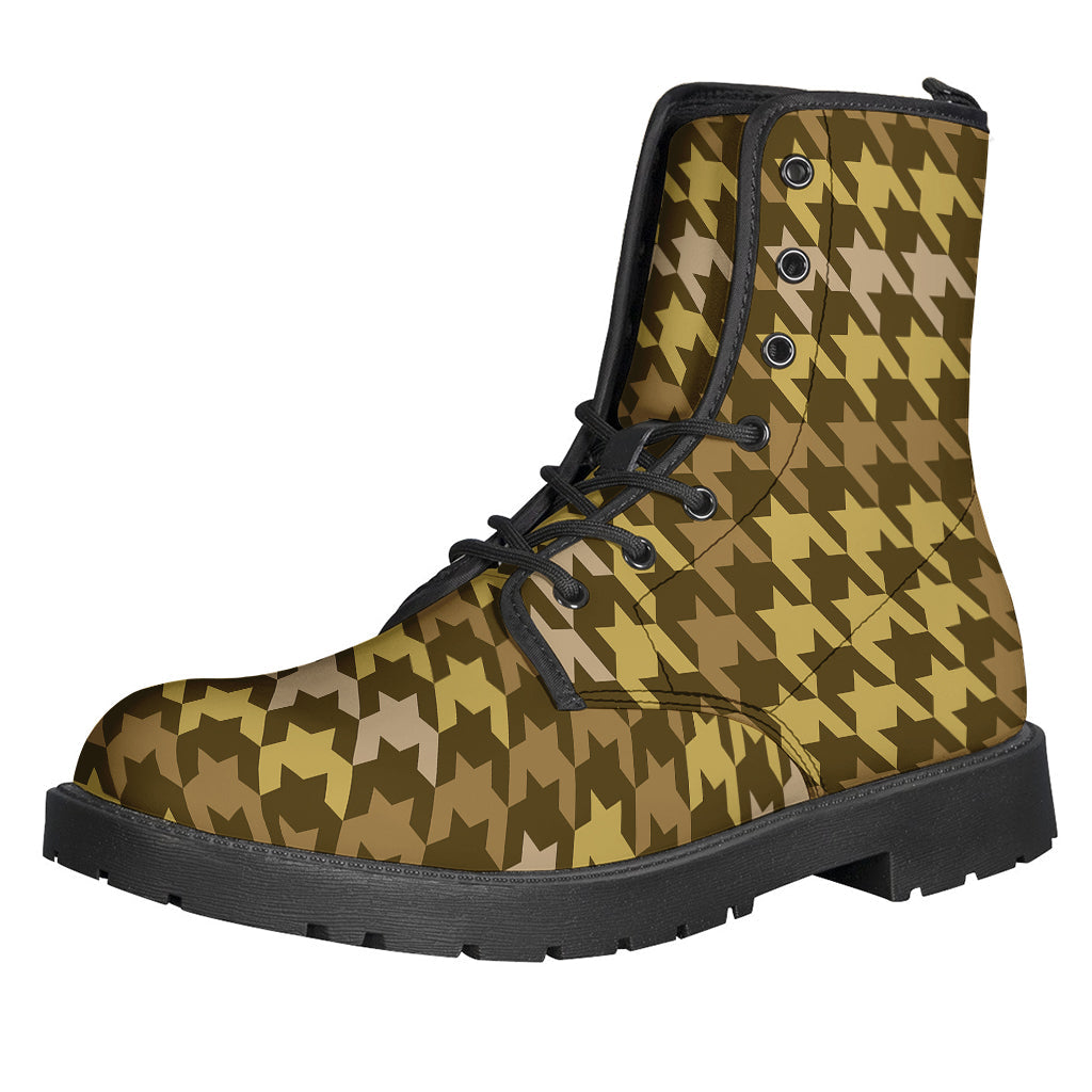 Groovy Brown and Tan Houndstooth Pattern Leather Boots for Free-Spirited Hippies - 1