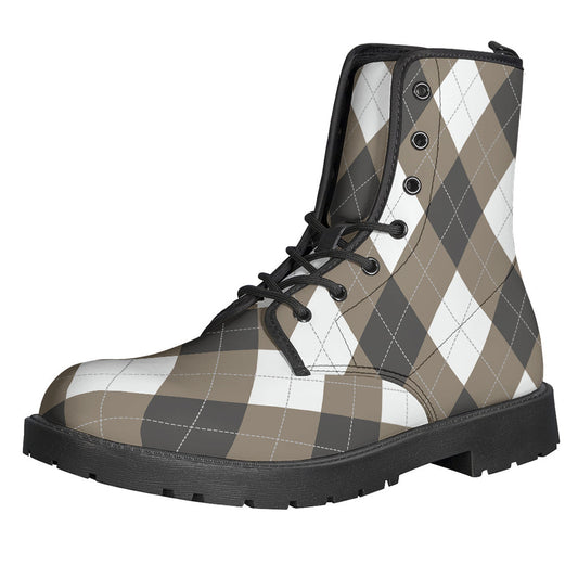 Bohemian Bliss: Brown and White Argyle Pattern Leather Boots for Hippies - 1