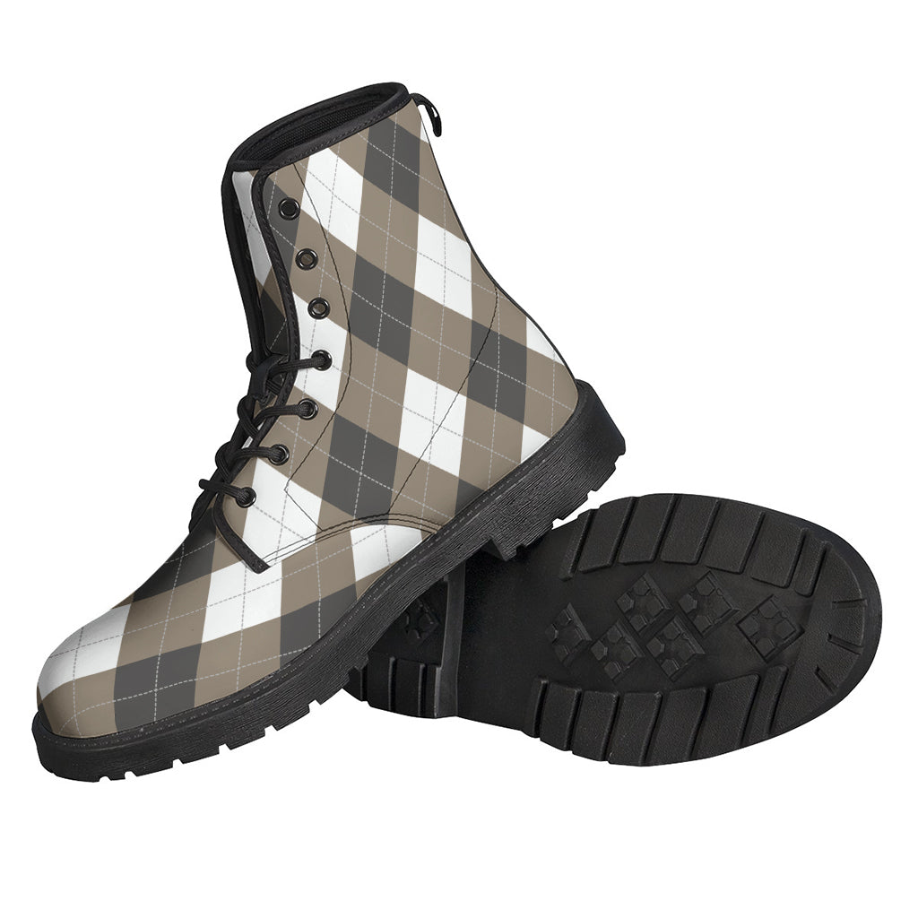 Bohemian Bliss: Brown and White Argyle Pattern Leather Boots for Hippies - 2