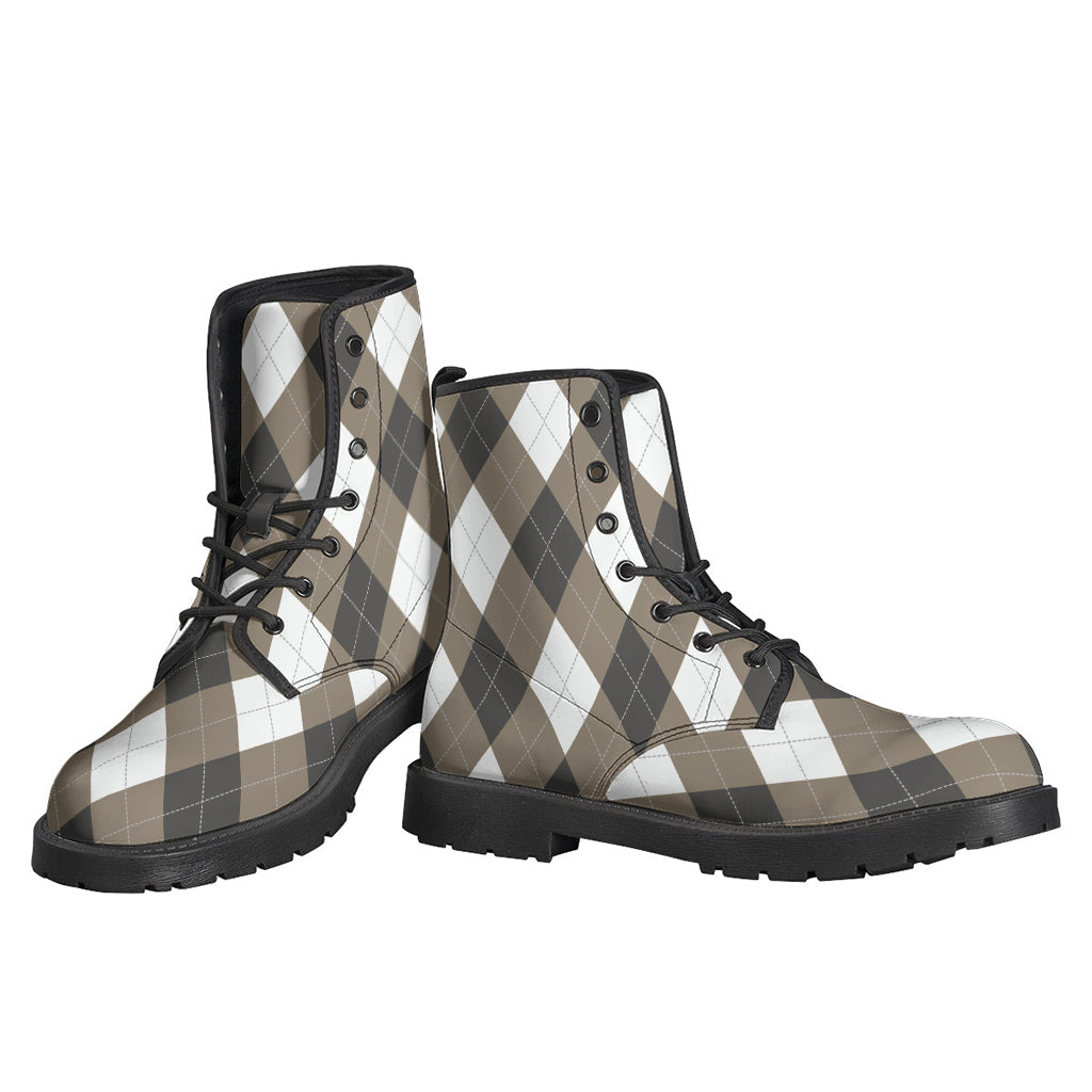 Bohemian Bliss: Brown and White Argyle Pattern Leather Boots for Hippies - 3