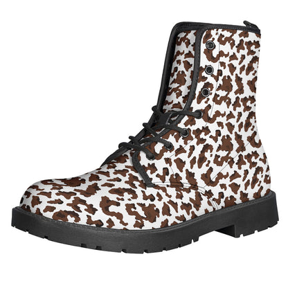 Groovy Vibes: Brown and White Cow Pattern Leather Boots for Stylish Hippies - 1