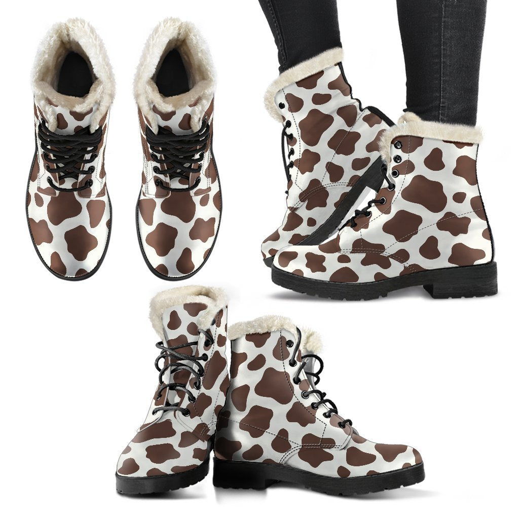 Boho Chic Vibes: Brown and White Cow Print Faux Fur Leather Boots - 2