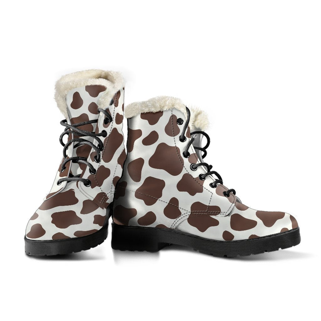 Boho Chic Vibes: Brown and White Cow Print Faux Fur Leather Boots - 3