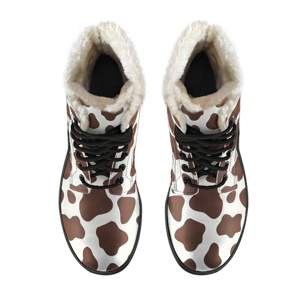 Boho Chic Vibes: Brown and White Cow Print Faux Fur Leather Boots - 4