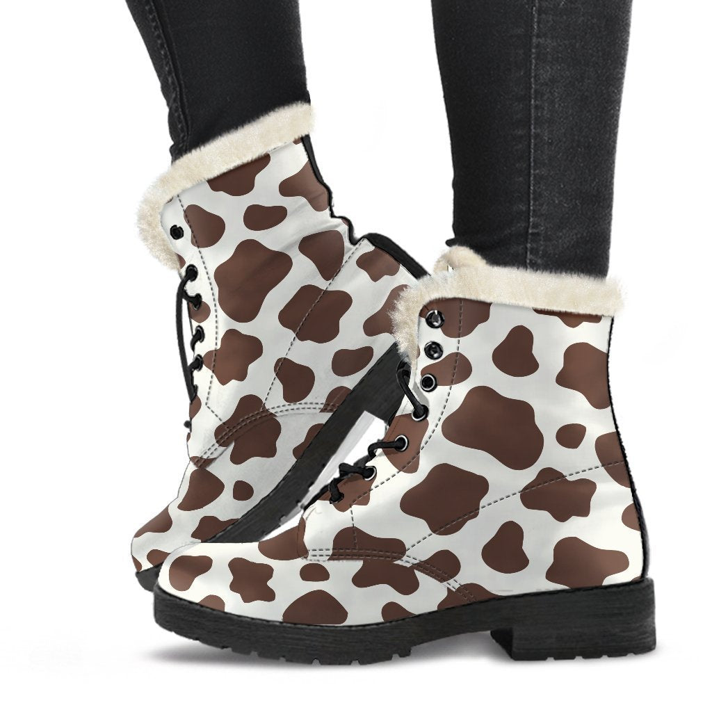 Boho Chic Vibes: Brown and White Cow Print Faux Fur Leather Boots - 1