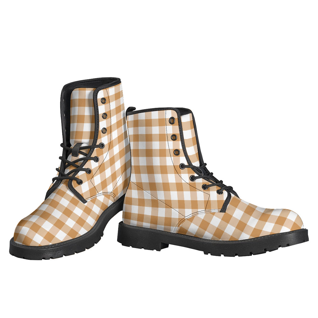 Boho Chic: Brown and White Gingham Pattern Leather Lightweight Boots for Hippies - 3