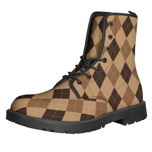 Brown Argyle Print Leather Boots: Step into Hippie Style with Lightweight Comfort - 1