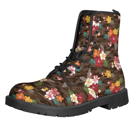 Cool and Comfy: Hippie-Chic Leather Lightweight Boots with Camo and Hibiscus Flower Print - 1