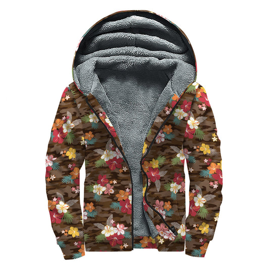 Groovy Vibes: Brown Camo Hibiscus Flower Print Sherpa Lined Zip Up Hoodie for the Free-spirited Hippie - 1