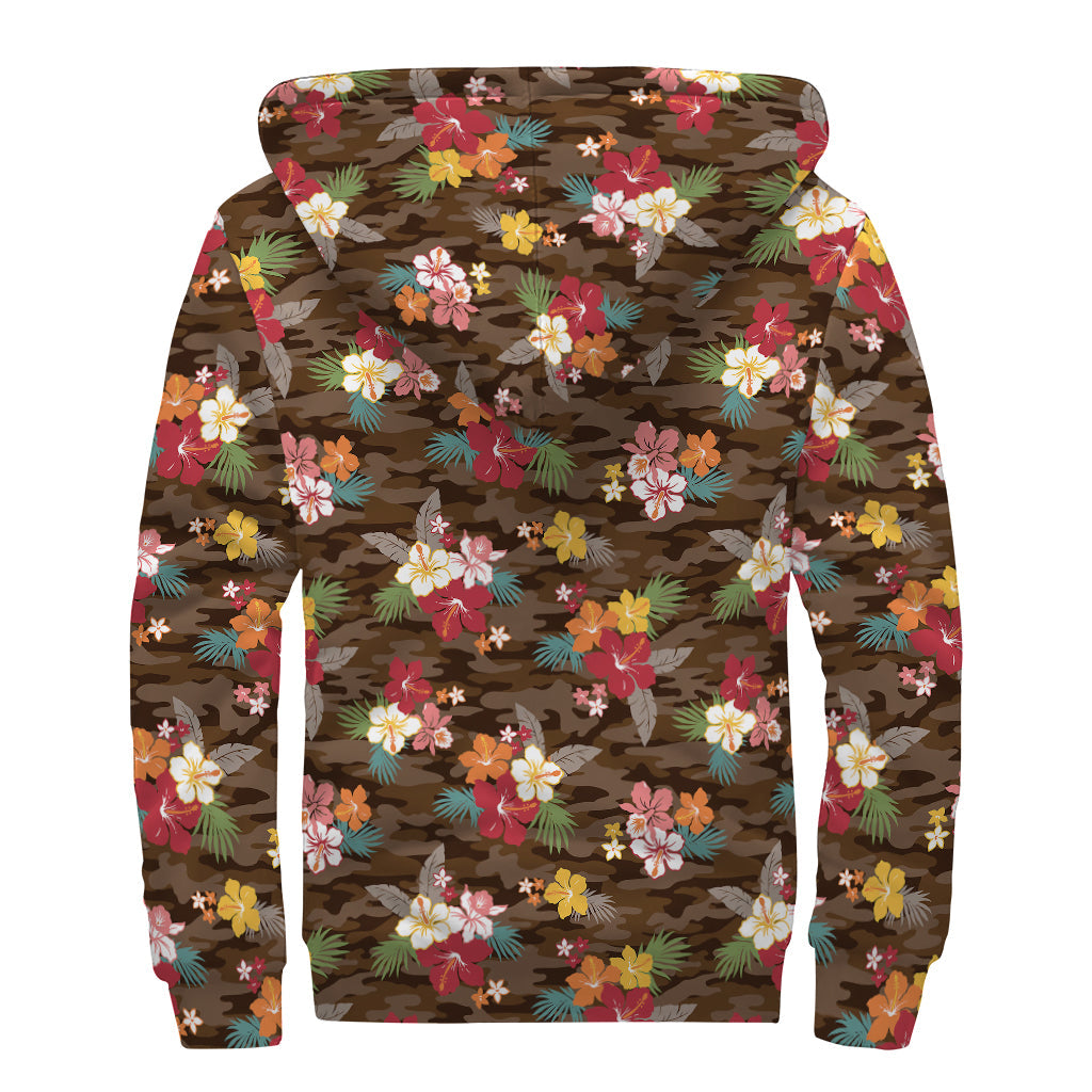 Groovy Vibes: Brown Camo Hibiscus Flower Print Sherpa Lined Zip Up Hoodie for the Free-spirited Hippie - 2