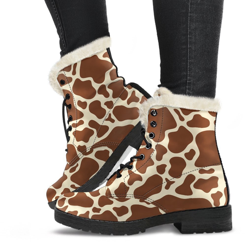 Brown Cow Print Faux Fur Leather Boots: Groovy Hippie Style - 1