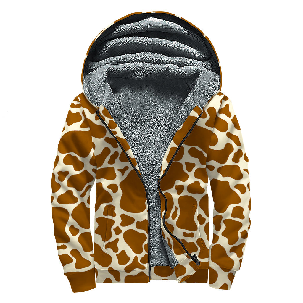 Brown Cow Print Sherpa Lined Zip Up Hoodie for Free-Spirited Hippies - 1