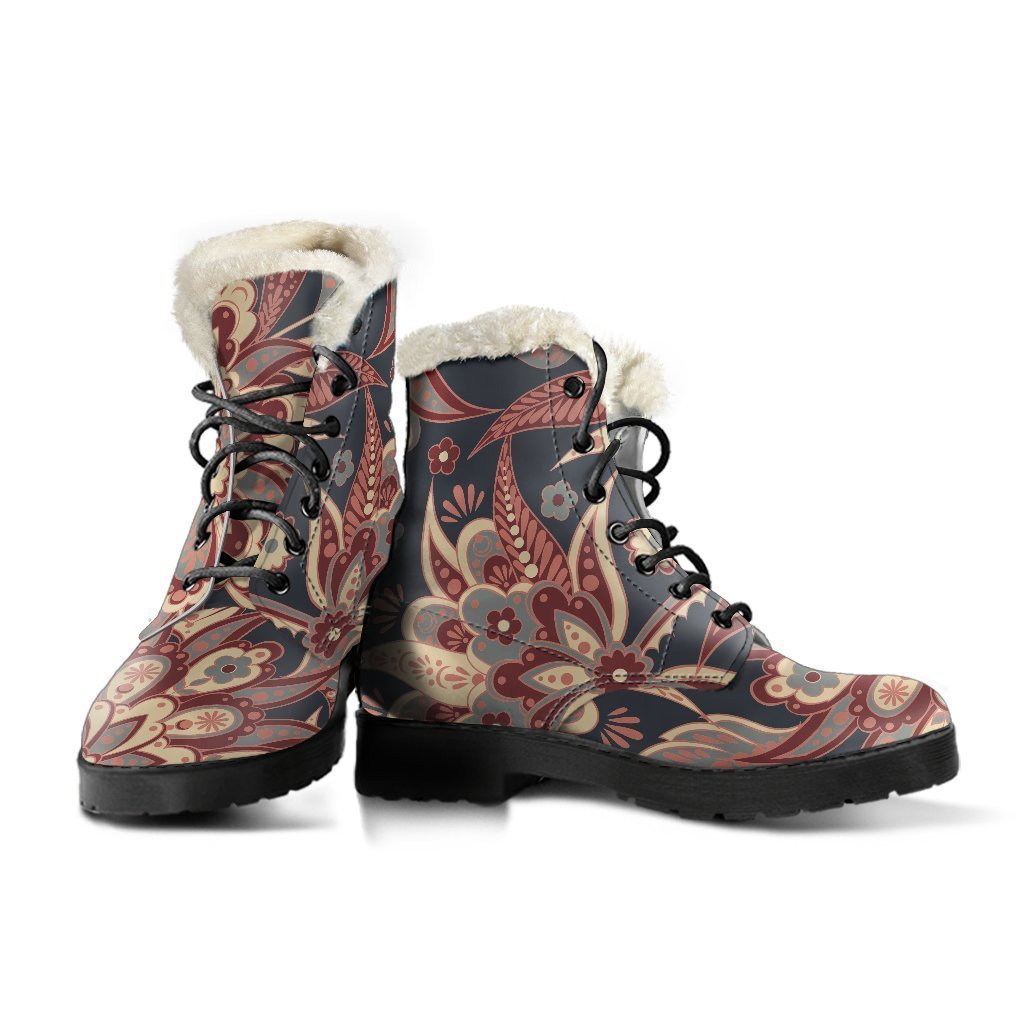 Boho Bliss: Brown Floral Faux Fur Leather Hippie Boots - 3