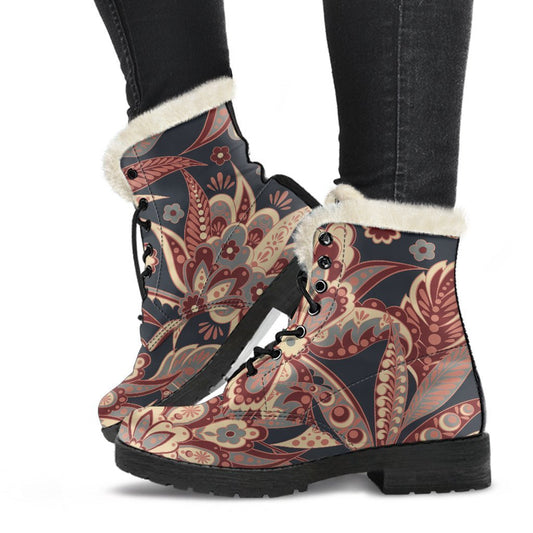 Boho Bliss: Brown Floral Faux Fur Leather Hippie Boots - 1