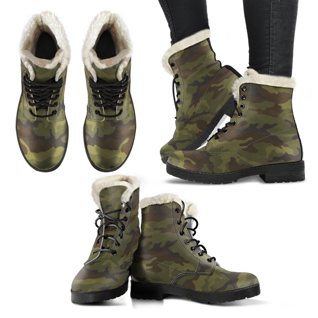 Brown and Green Camouflage Print Faux Fur Leather Boots: A Hippie's Dream - 2