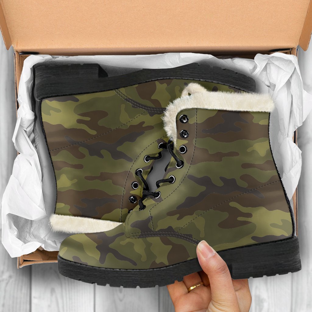 Brown and Green Camouflage Print Faux Fur Leather Boots: A Hippie's Dream - 5