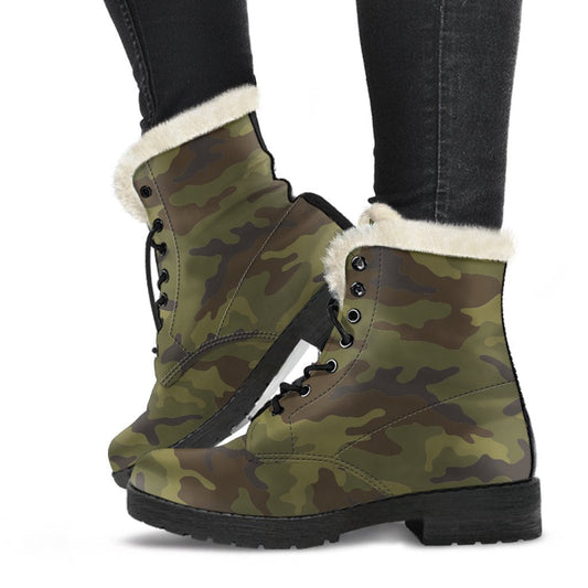 Brown and Green Camouflage Print Faux Fur Leather Boots: A Hippie's Dream - 1