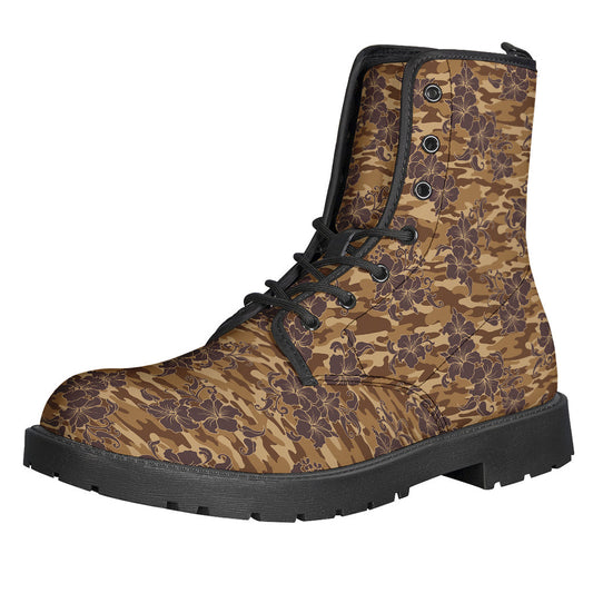 Groovy Brown Hawaiian Camo Flower Pattern Leather Boots for Free-Spirited Hippies - 1