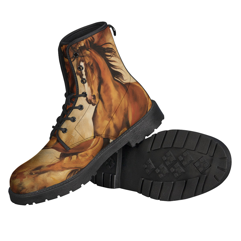 Boho Chic: Brown Leather Lightweight Boots with Horse Painting Print - 2