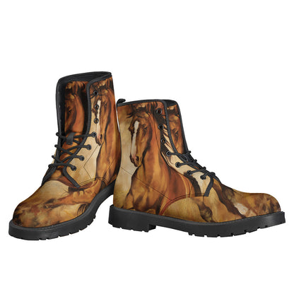 Boho Chic: Brown Leather Lightweight Boots with Horse Painting Print - 3