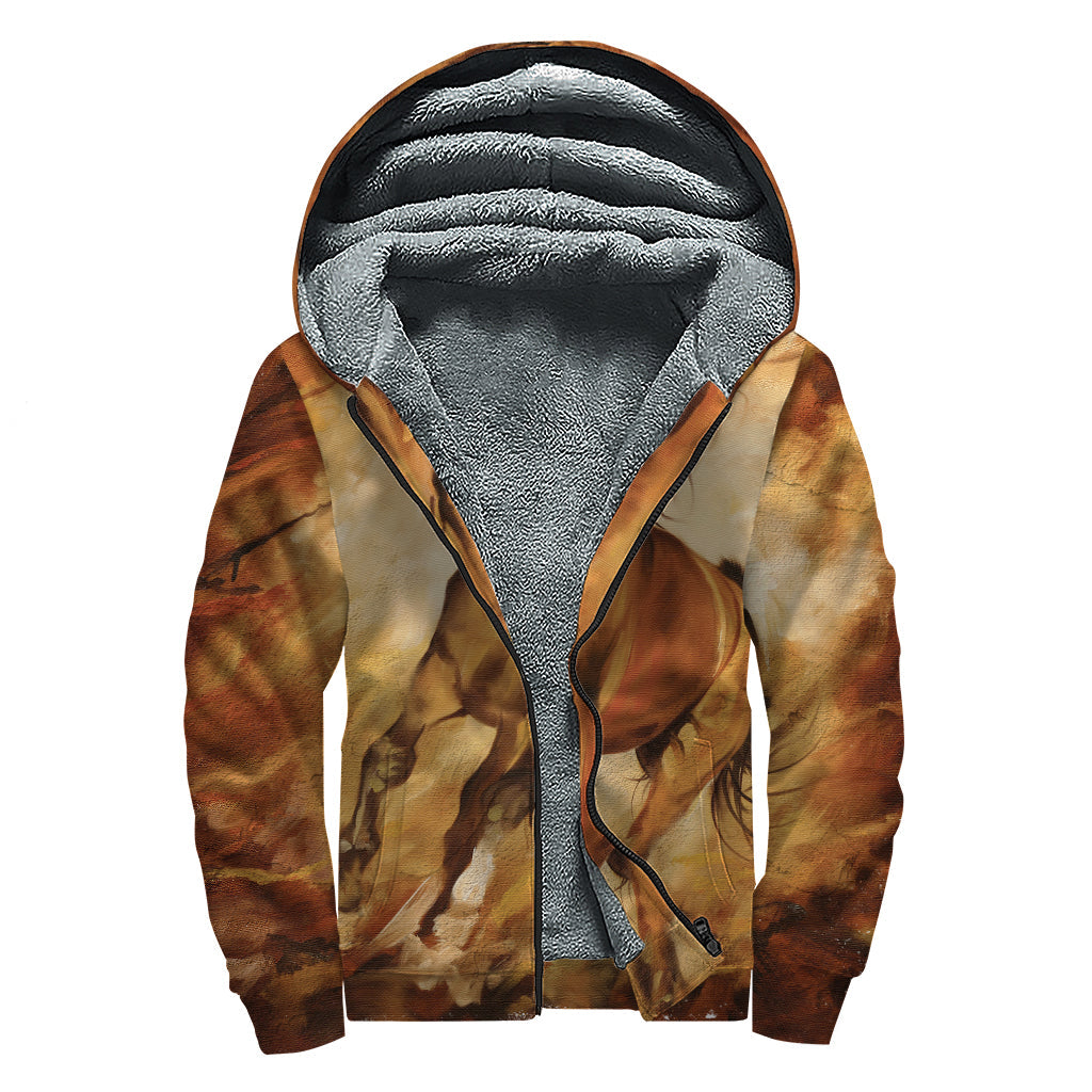 Brown Horse Painting Print Sherpa Lined Zip Up Hoodie - Embrace Your Inner Hippie Style! - 1