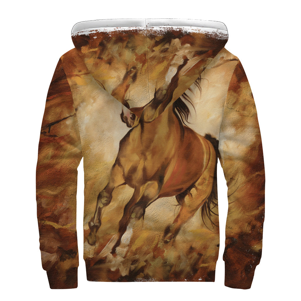 Brown Horse Painting Print Sherpa Lined Zip Up Hoodie - Embrace Your Inner Hippie Style! - 2