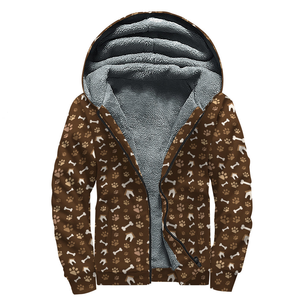 Brown Paw and Bone Pattern Print Sherpa Lined Zip Up Hoodie for Free Spirits - 1