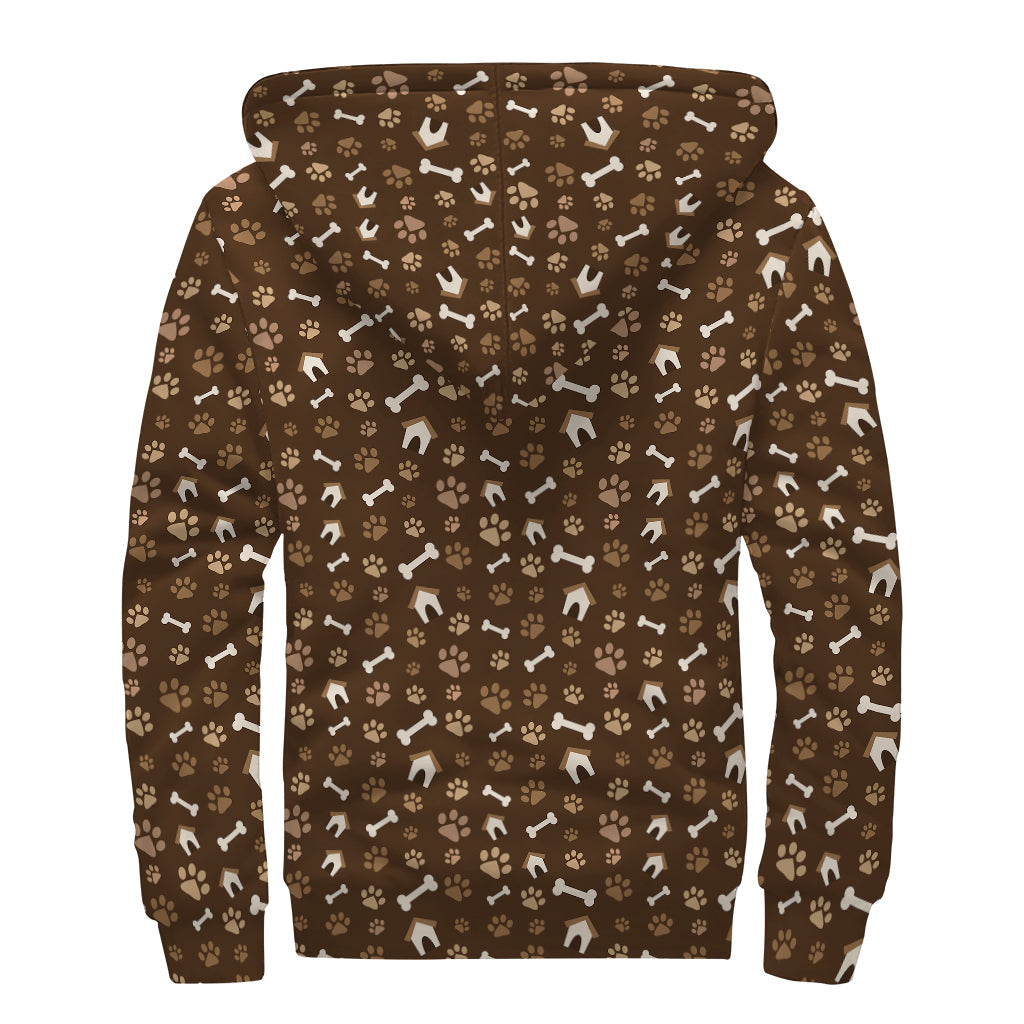 Brown Paw and Bone Pattern Print Sherpa Lined Zip Up Hoodie for Free Spirits - 2