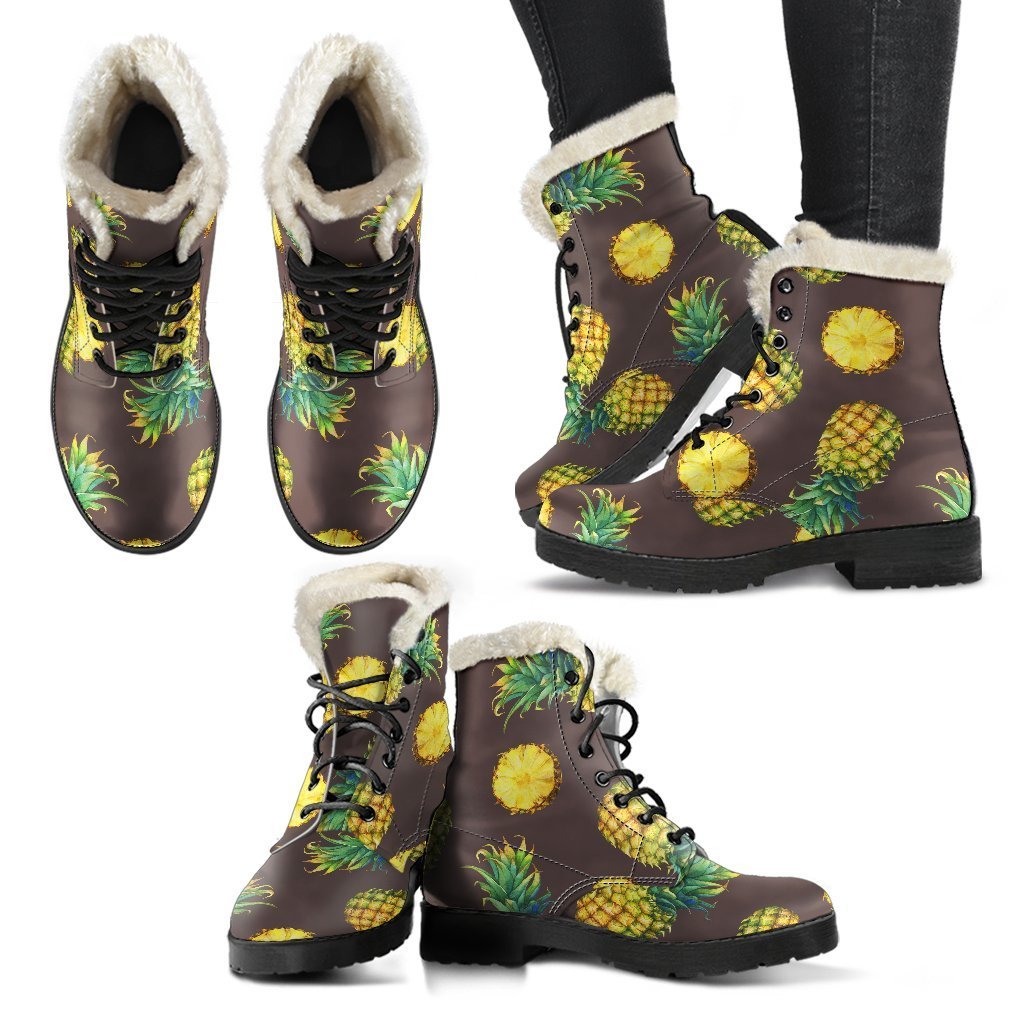 Pineapple Patterned Faux Fur Leather Boots: Embrace Your Inner Hippie Style - 2