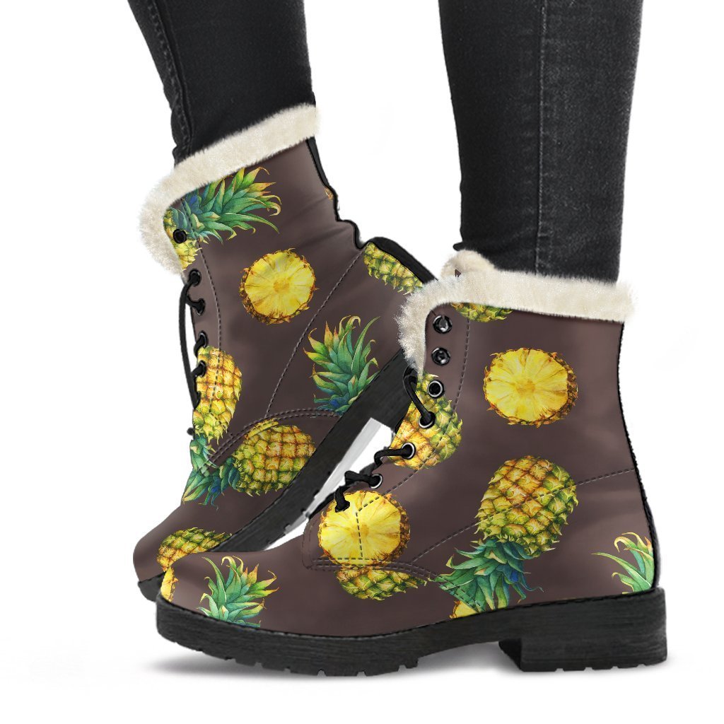 Pineapple Patterned Faux Fur Leather Boots: Embrace Your Inner Hippie Style - 1