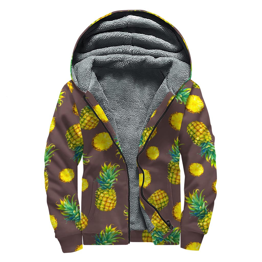 Brown Pineapple Pattern Sherpa Lined Zip Up Hoodie for Groovy Hippies - 1