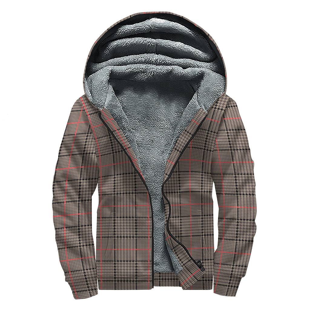 Brown Prince of Wales Check Print Sherpa Lined Zip Up Hoodie for the Bohemian Spirit - 1