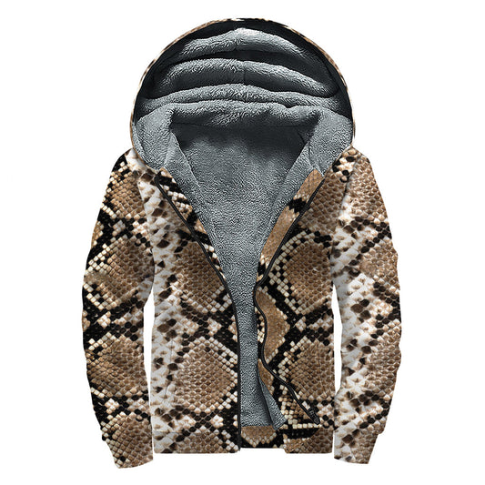 Brown Python Snakeskin Print Sherpa-Lined Zip Up Hoodie for Hippie Fashionistas - 1