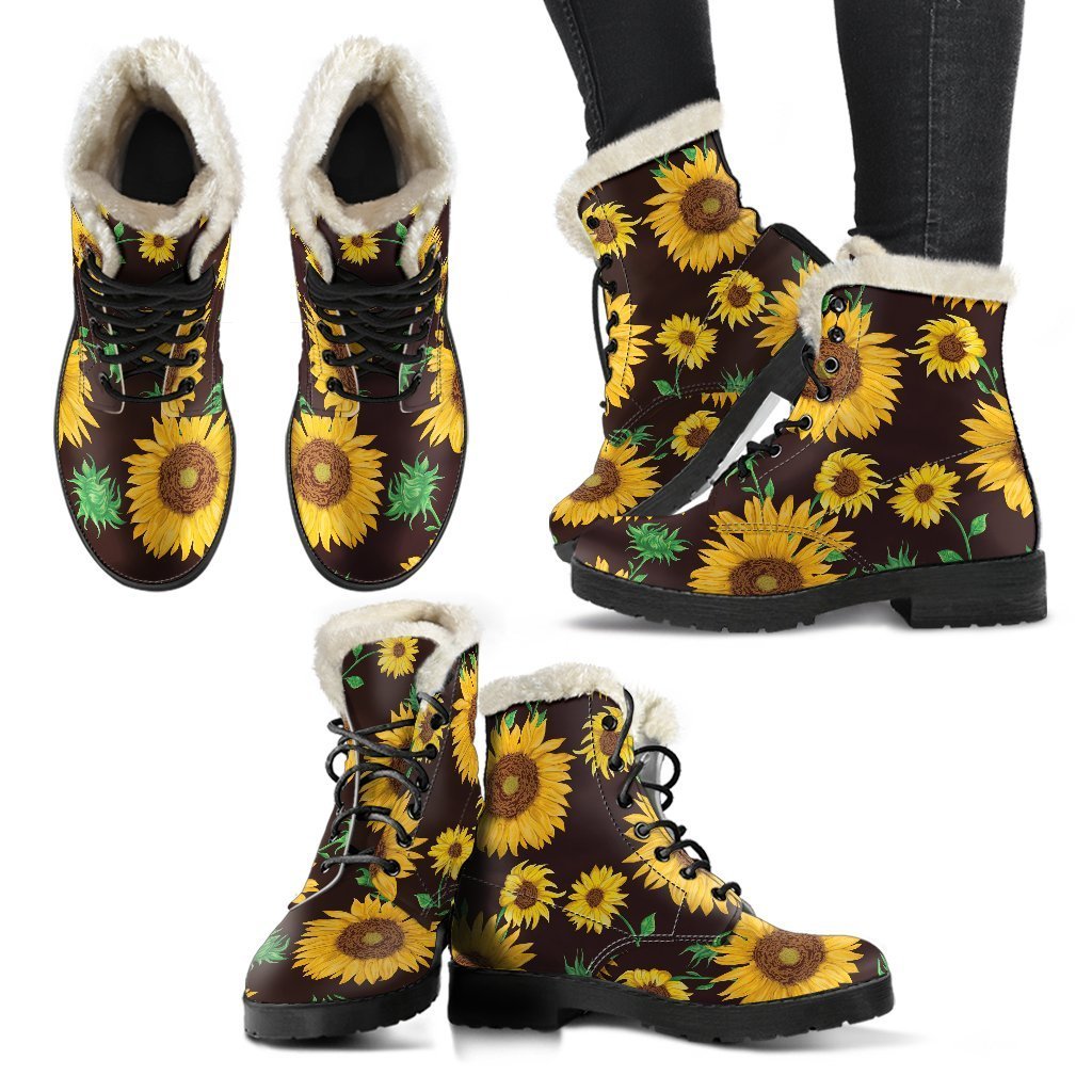 Step Out in Style with Brown Sunflower Pattern Faux Fur Leather Boots for Hippies - 2