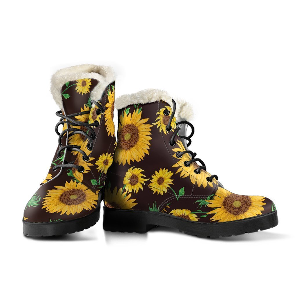 Step Out in Style with Brown Sunflower Pattern Faux Fur Leather Boots for Hippies - 3