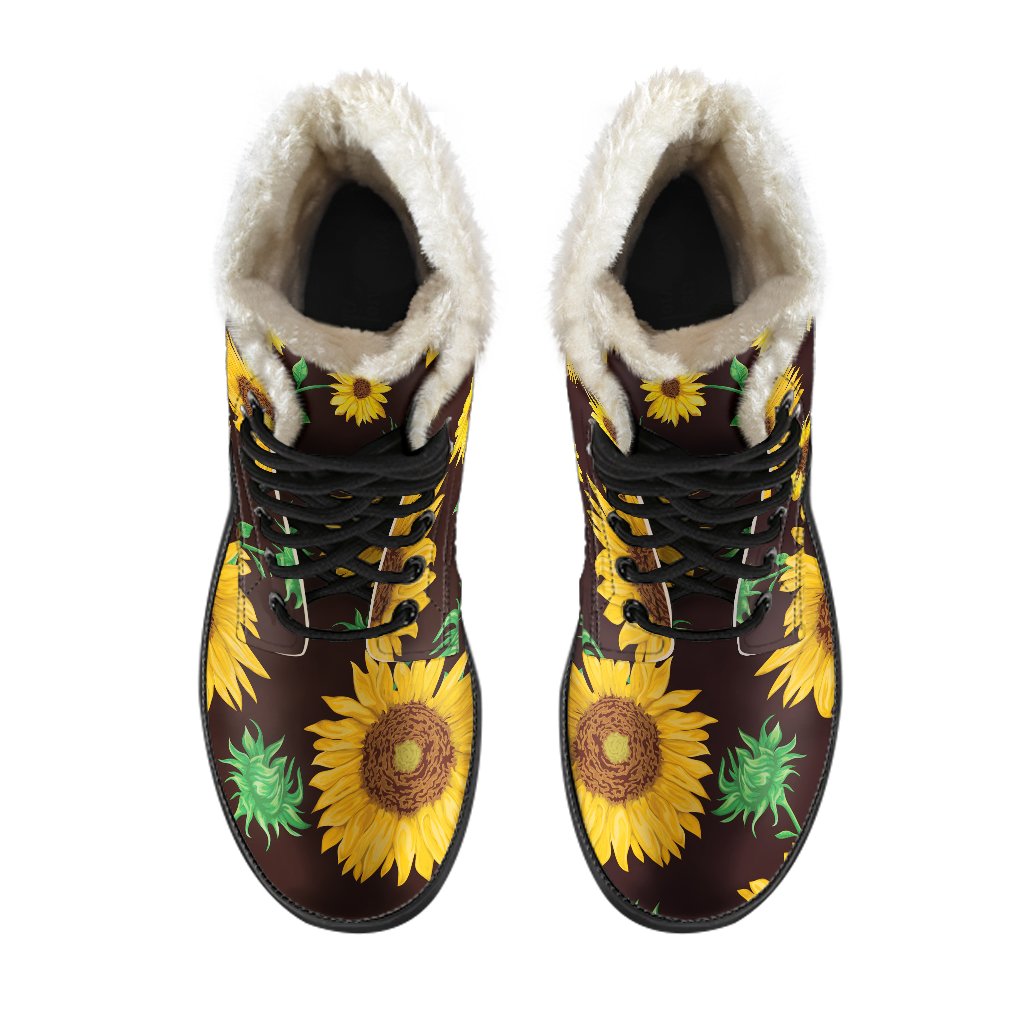 Step Out in Style with Brown Sunflower Pattern Faux Fur Leather Boots for Hippies - 4