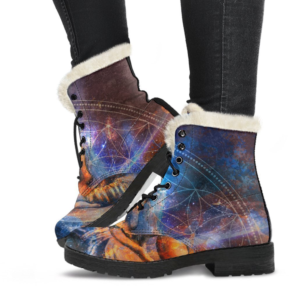 Buddha Mandala Faux Fur Leather Boots: Groovy Hippie Style - 1