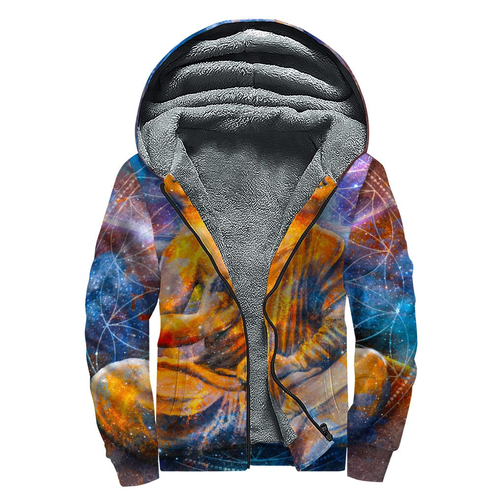 Buddha Statue Mandala Print Sherpa Lined Zip Up Hoodie - Embrace Your Inner Hippie Style - 1