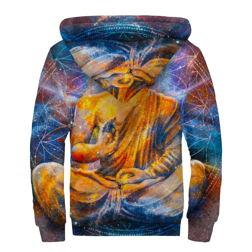 Buddha Statue Mandala Print Sherpa Lined Zip Up Hoodie - Embrace Your Inner Hippie Style - 2