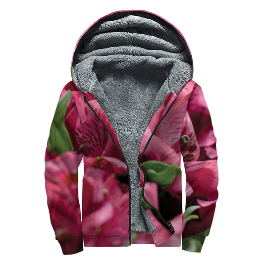 Burgundy Alstroemeria Print Sherpa Lined Zip Up Hoodie for Free-Spirited Hippies - 1